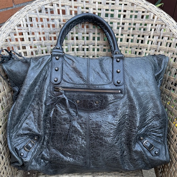 🔥RARE XL🔥Balenciaga City Tote Extra Large 50cm Black Gunmetal Crinkled Leather - Picture 9 of 17